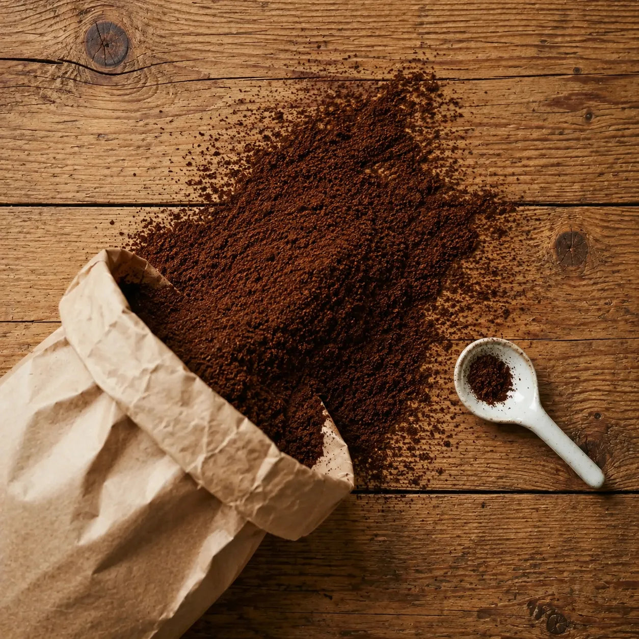 gemahlener Kaffee aus einer Tüte auf einem Holztisch mit kleinem Löffel daneben