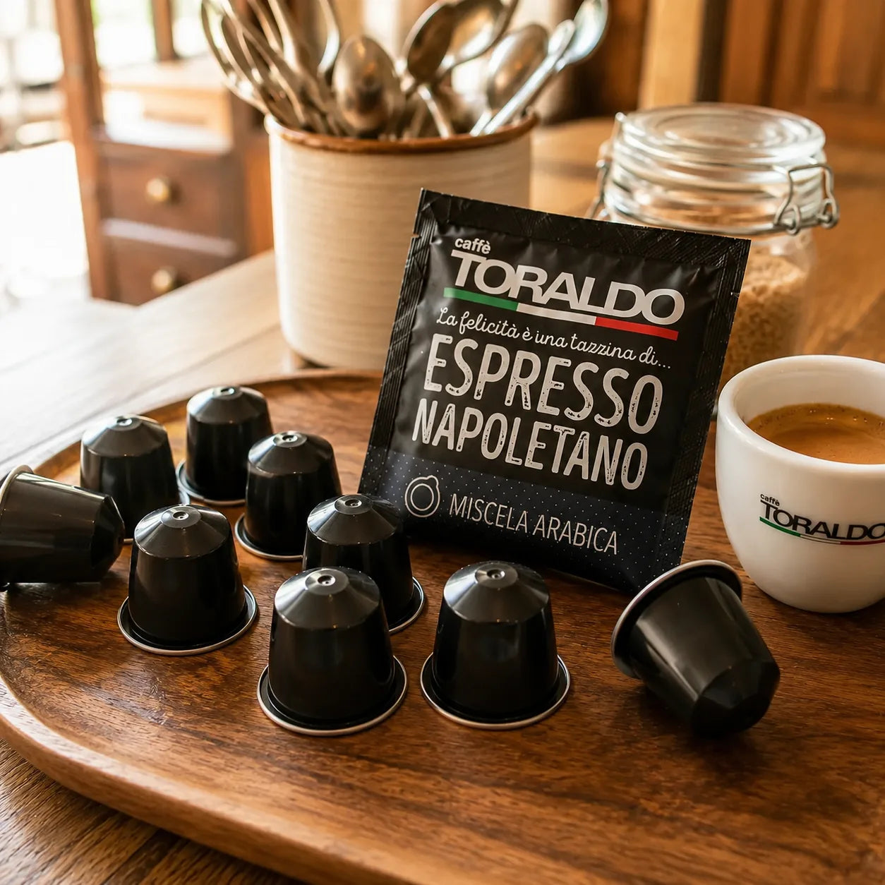 Kaffee Kapseln auf einem kleinen Tablett neben einer Espresso Tassee, in der Küche