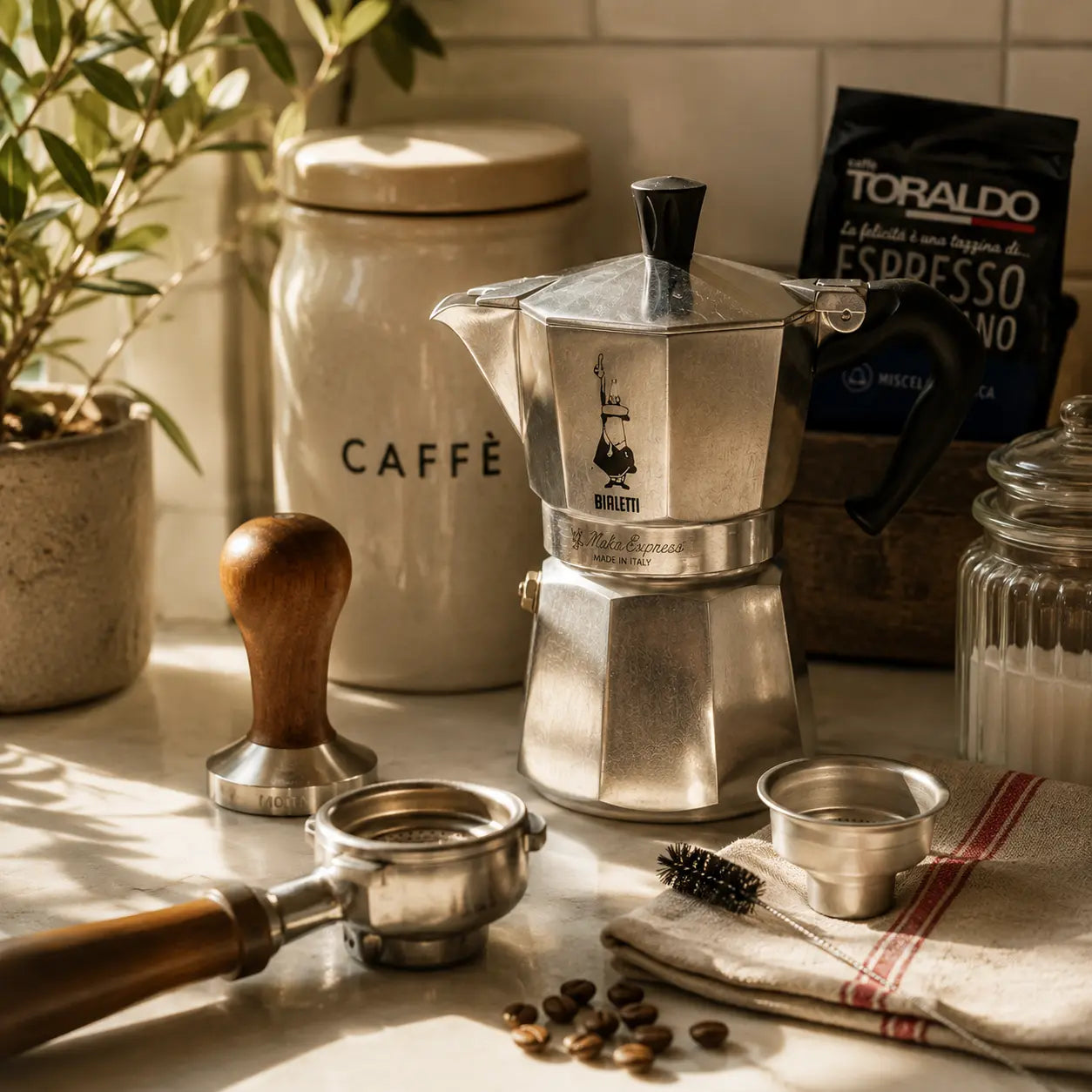 Sortiment an Kaffeezubehör mit Kanne, Pinsel, Pads und Dose