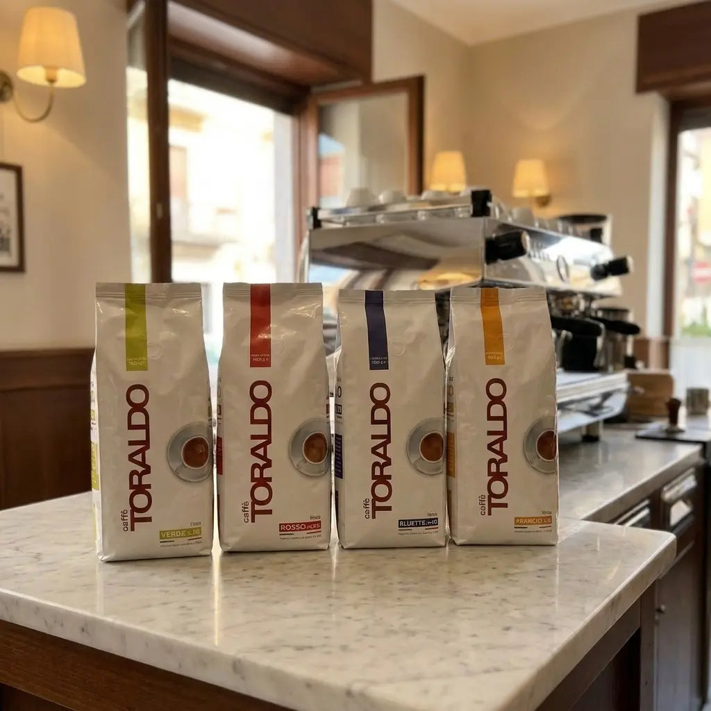 Vier Toraldo Kaffee Packungen auf einem Barista Tresen im Café