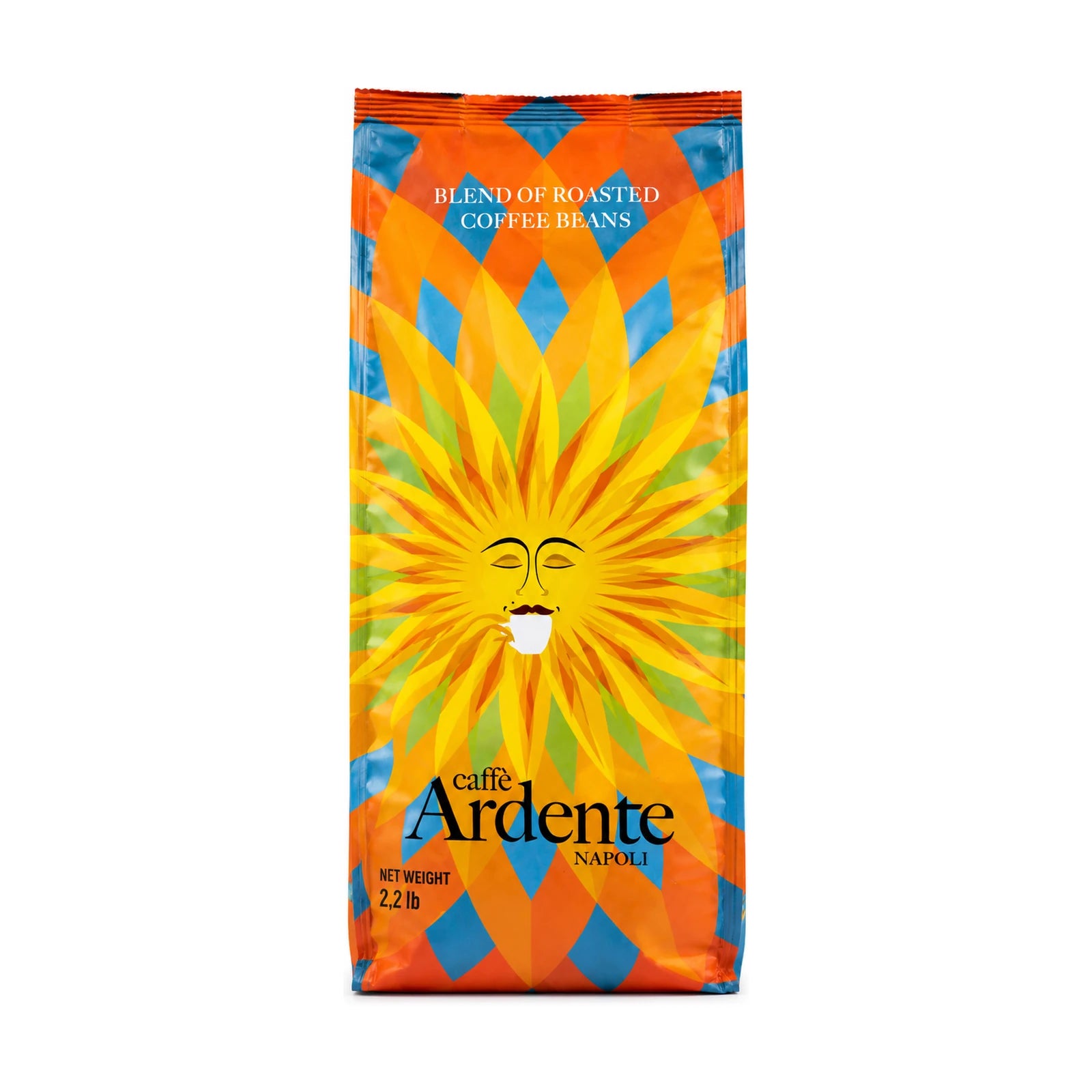 Ardente Caffè Einzelpackung fũr Bohnenkaffee Favorita, bunte Vorderansicht vor weissem Hintergrund