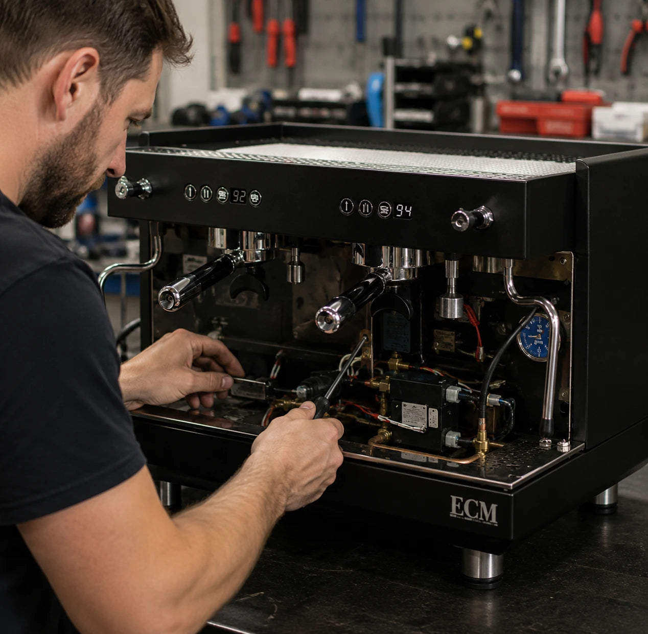 Mitarbeiter, der einen Kaffeemaschine repariert