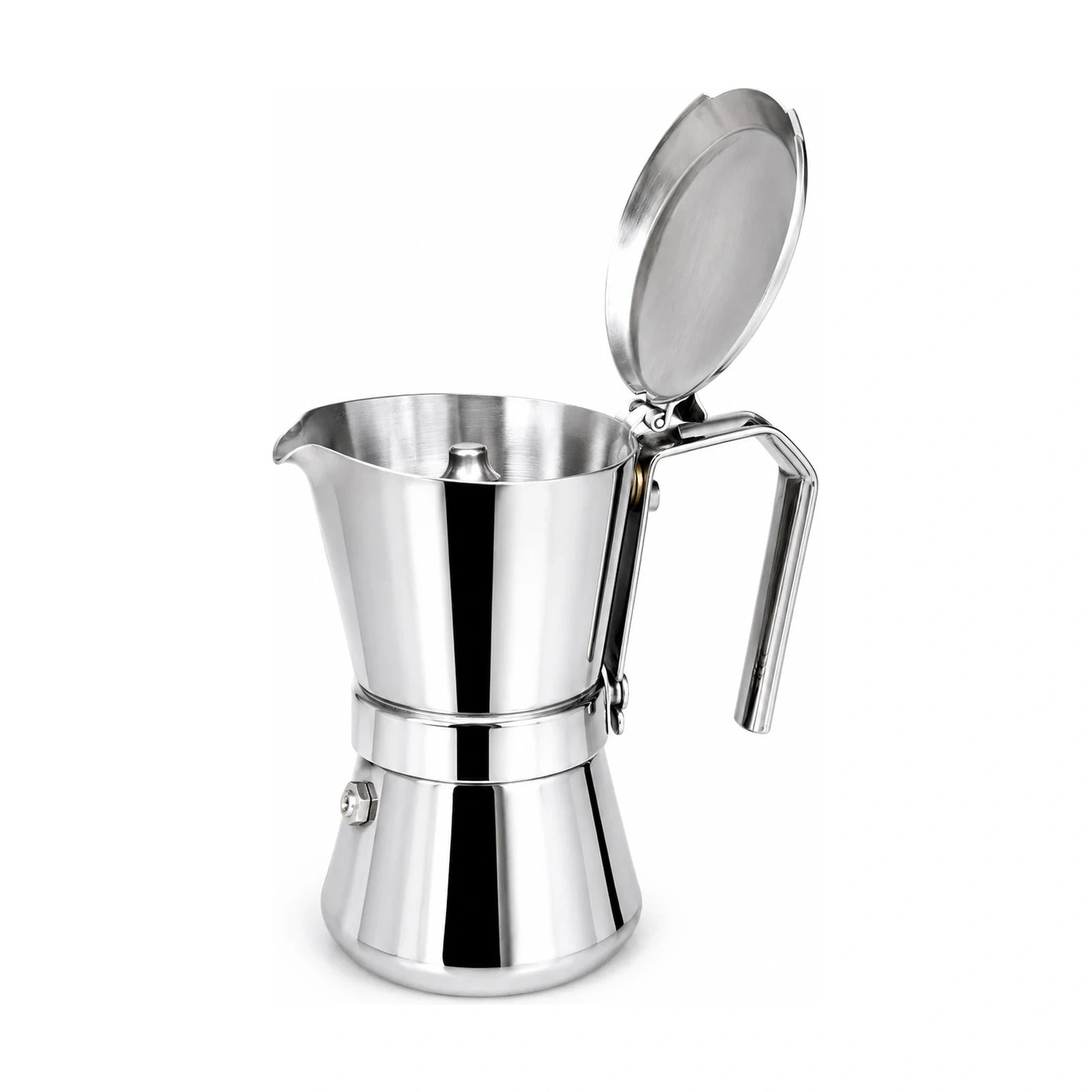 Produktbild von Giannini Edelstahl Espressokocher mit geöffnetem Deckel vor weissem Hintergrund