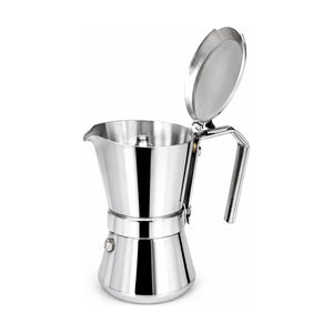 Produktbild von Giannini Edelstahl Espressokocher mit geöffnetem Deckel vor weissem Hintergrund