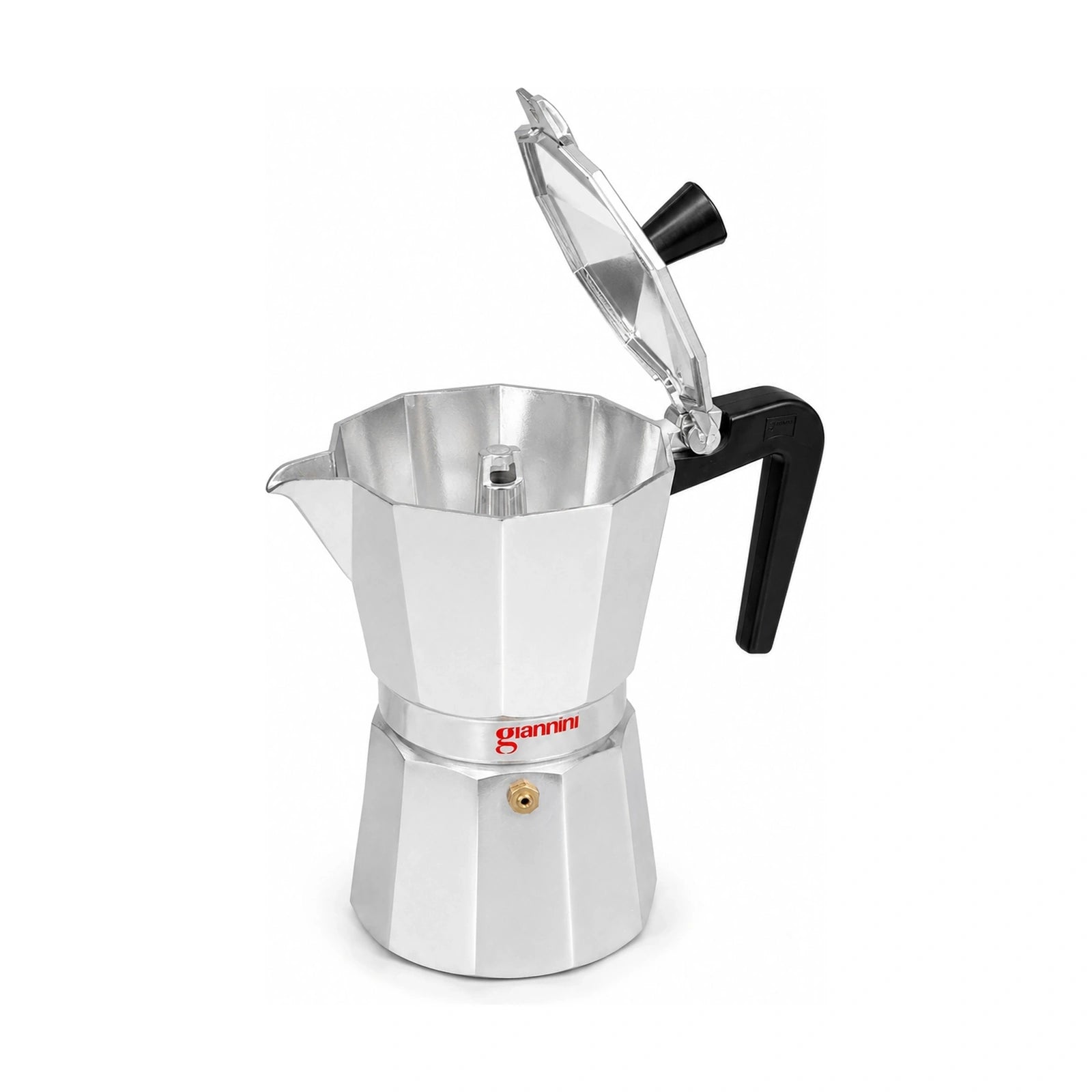 Produktbild von Giannini Classica Mokkakanne Aluminum und schwarzem Griff und offenem Deckel vor weissem Hintergrund