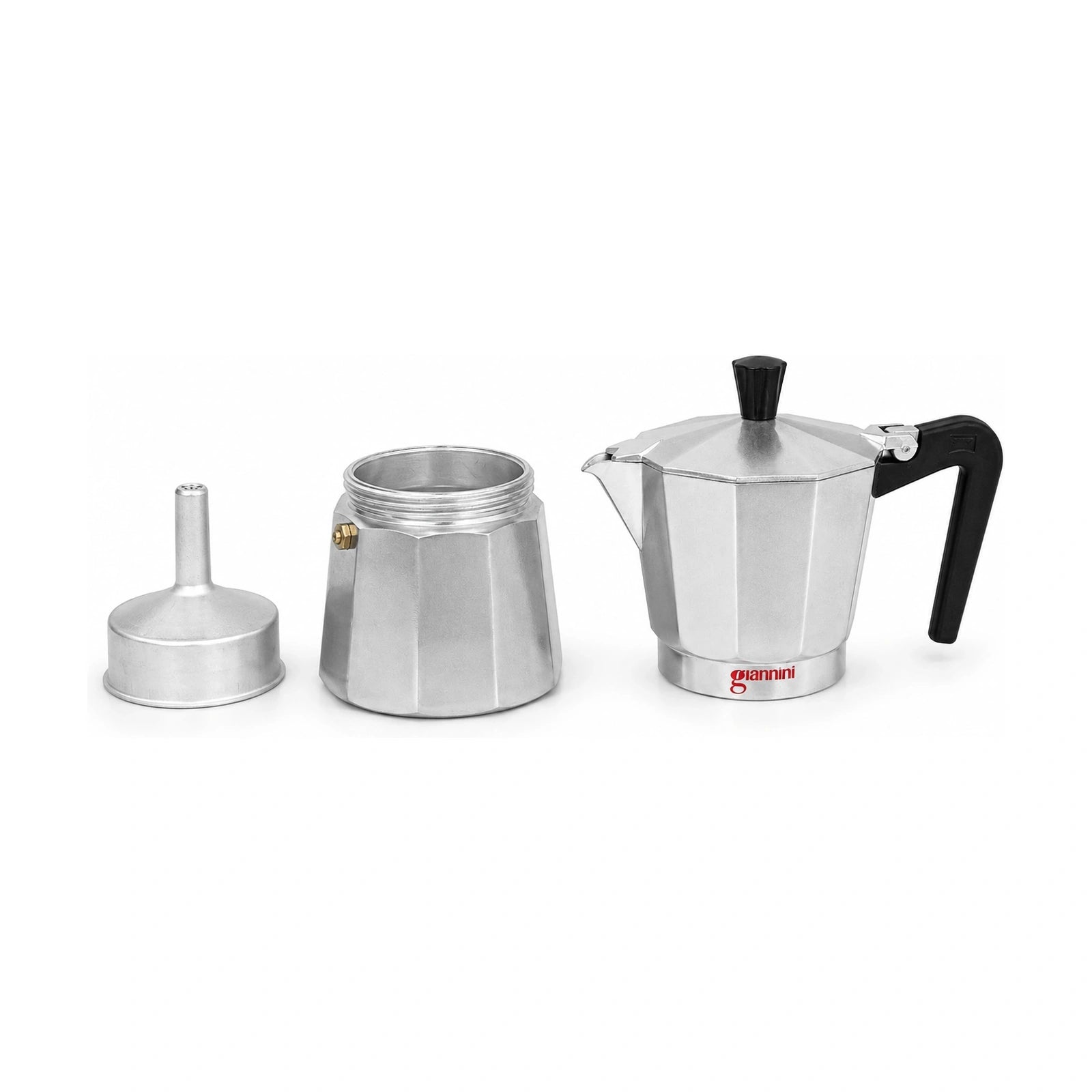 Produktbild von Giannini Classica Mokkakanne Aluminum und schwarzem Griff mit 3 EInzelteilen vor weissem Hintergrund