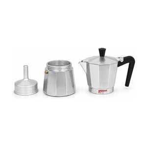 Produktbild von Giannini Classica Mokkakanne Aluminum und schwarzem Griff mit 3 EInzelteilen vor weissem Hintergrund