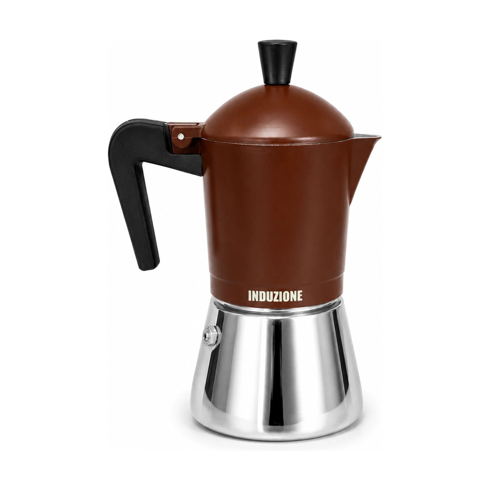 Produktbild von Giannini Orziera Espressokocher mit braunem Gehäuse vor weissem Hintergrund, Hinteransicht