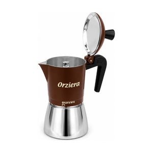 Produktbild von Giannini Orziera Espressokocher mit braunem Gehäuse, geöffnetem Deckel vor weissem Hintergrund