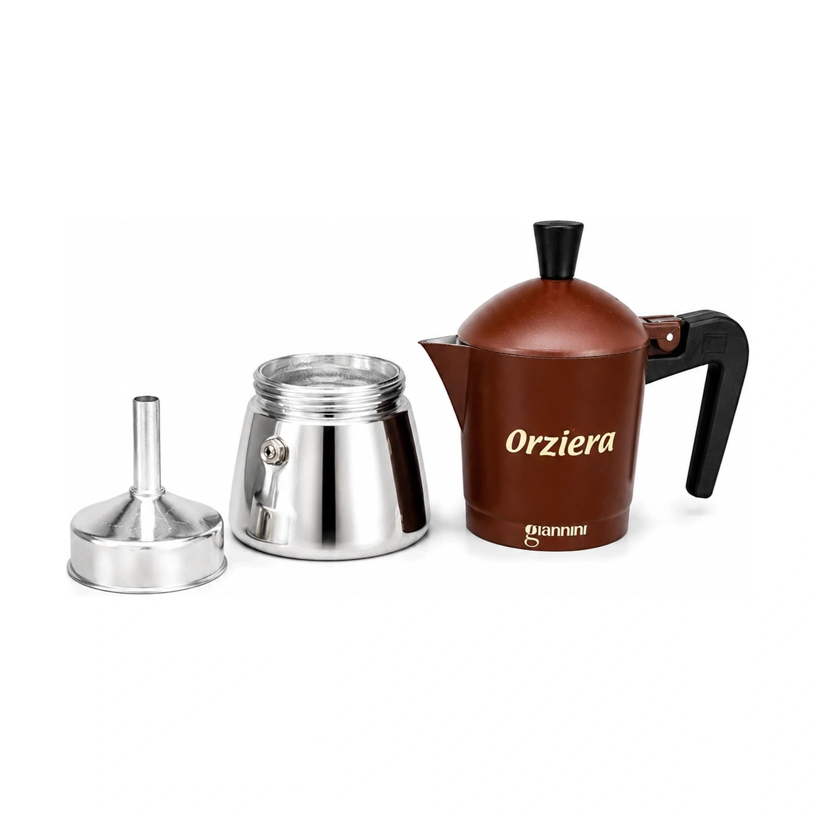 Produktbild von Giannini Orziera Espressokocher mit braunem Gehäuse vor weissem Hintergrund, alle 3 Einzelteile