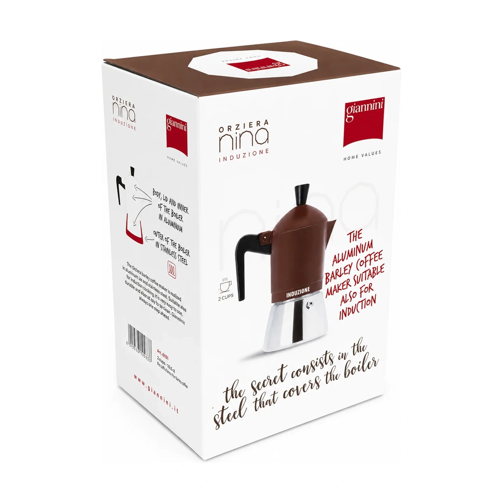Produktbild der Verpackung für Giannini Orziera Espressokocher mit braunem Gehäuse vor weissem Hintergrund