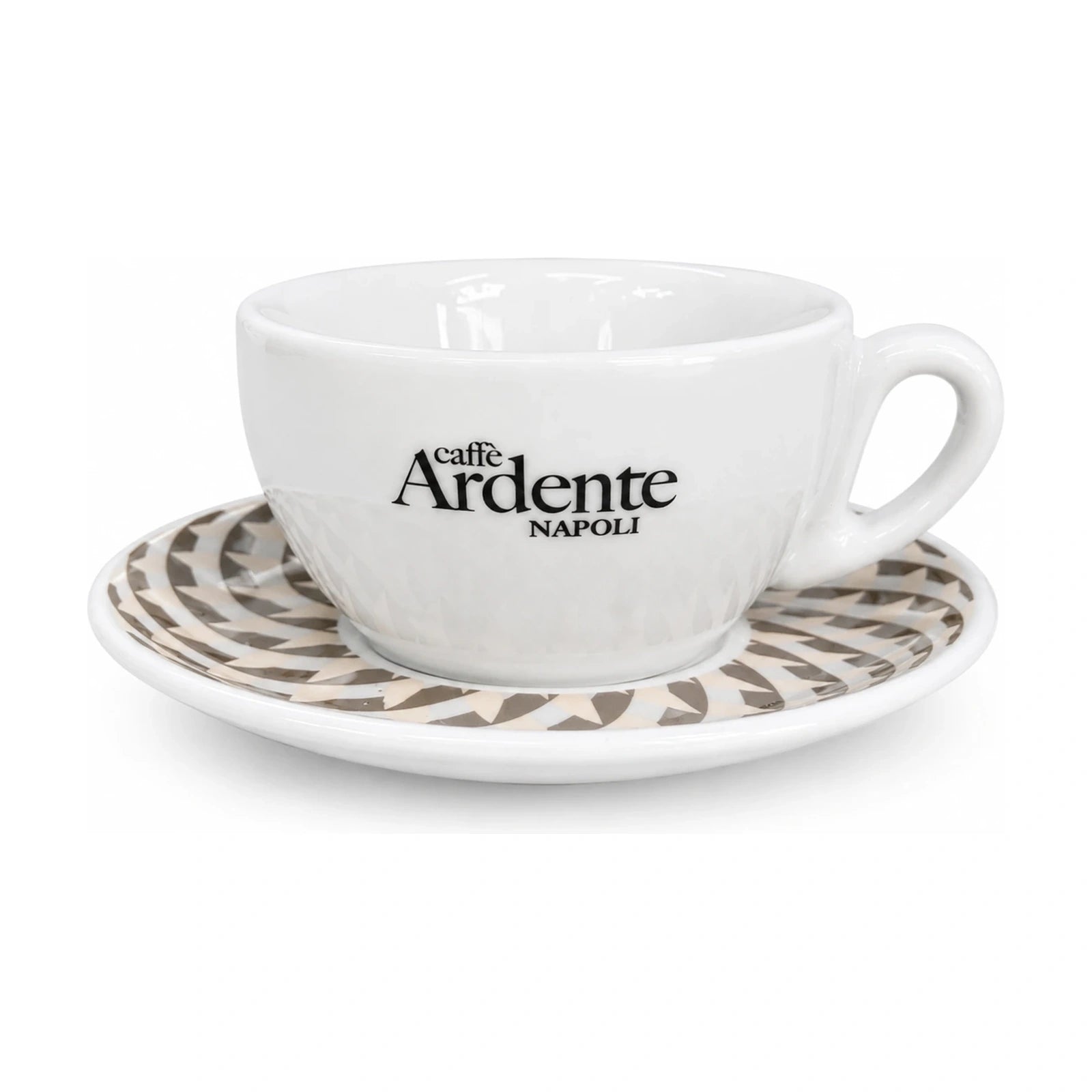 Produktbild von Ardente Caffè Cappuccino Tasse auf einem Unterteller auf weissem Hintergrund