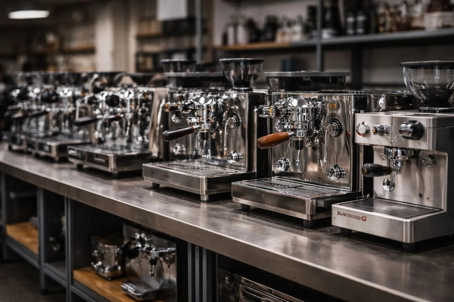 Verschiedene Kaffeemaschinen auf einem Tisch zur Ausstellung