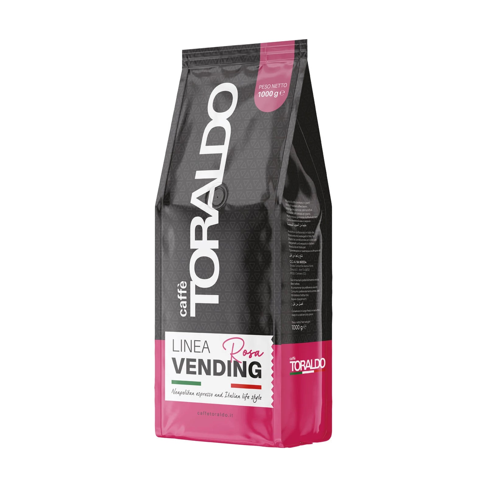 Toraldo Caffè Packung fũr Kaffeebohnen Linea Vending Rosa, 1kg vor weissem Hintergrund