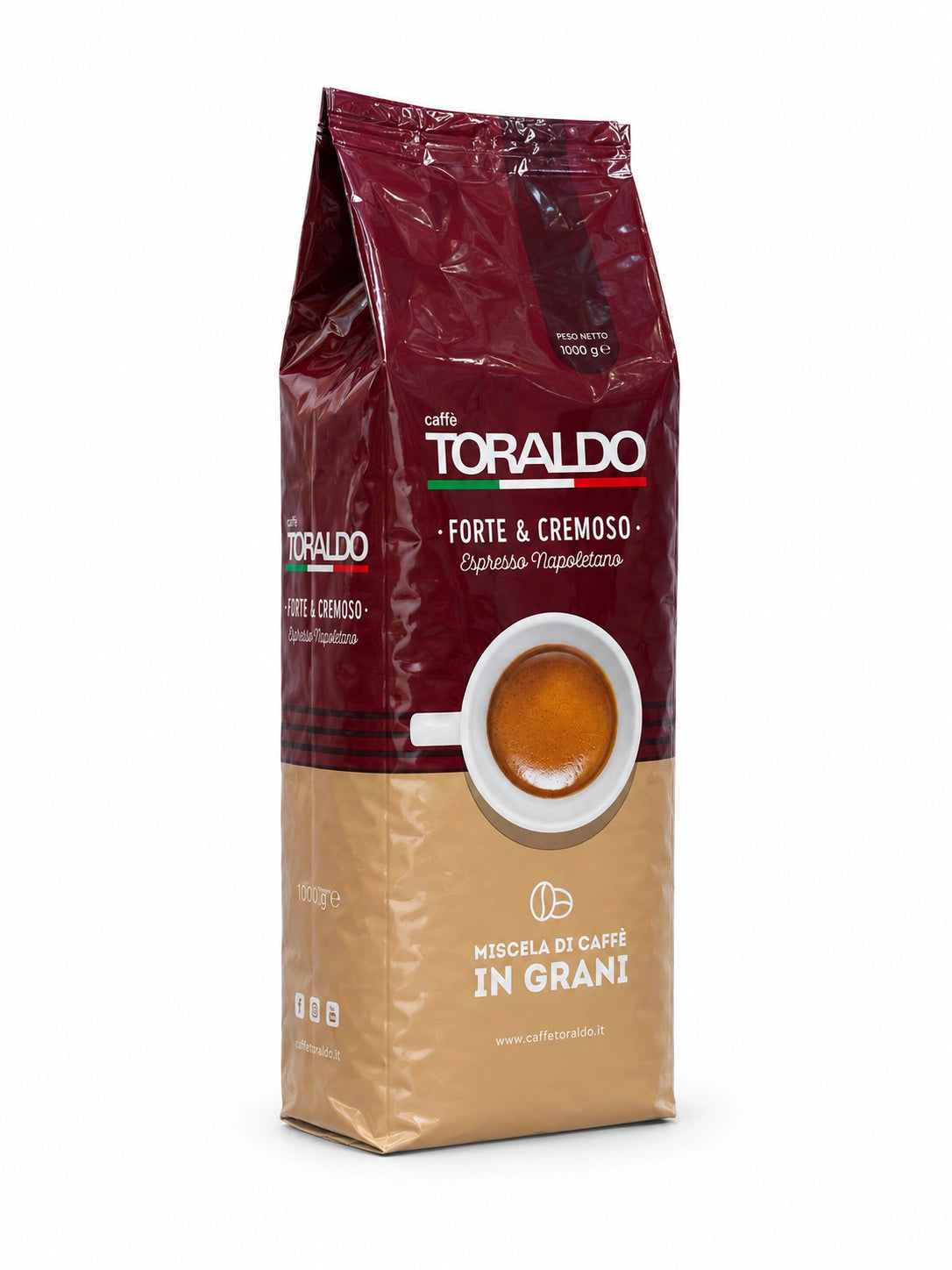 Toraldo Caffè Packung fũr Kaffeebohnen Forte & Cremoso, 1kg vor weissem Hintergrund