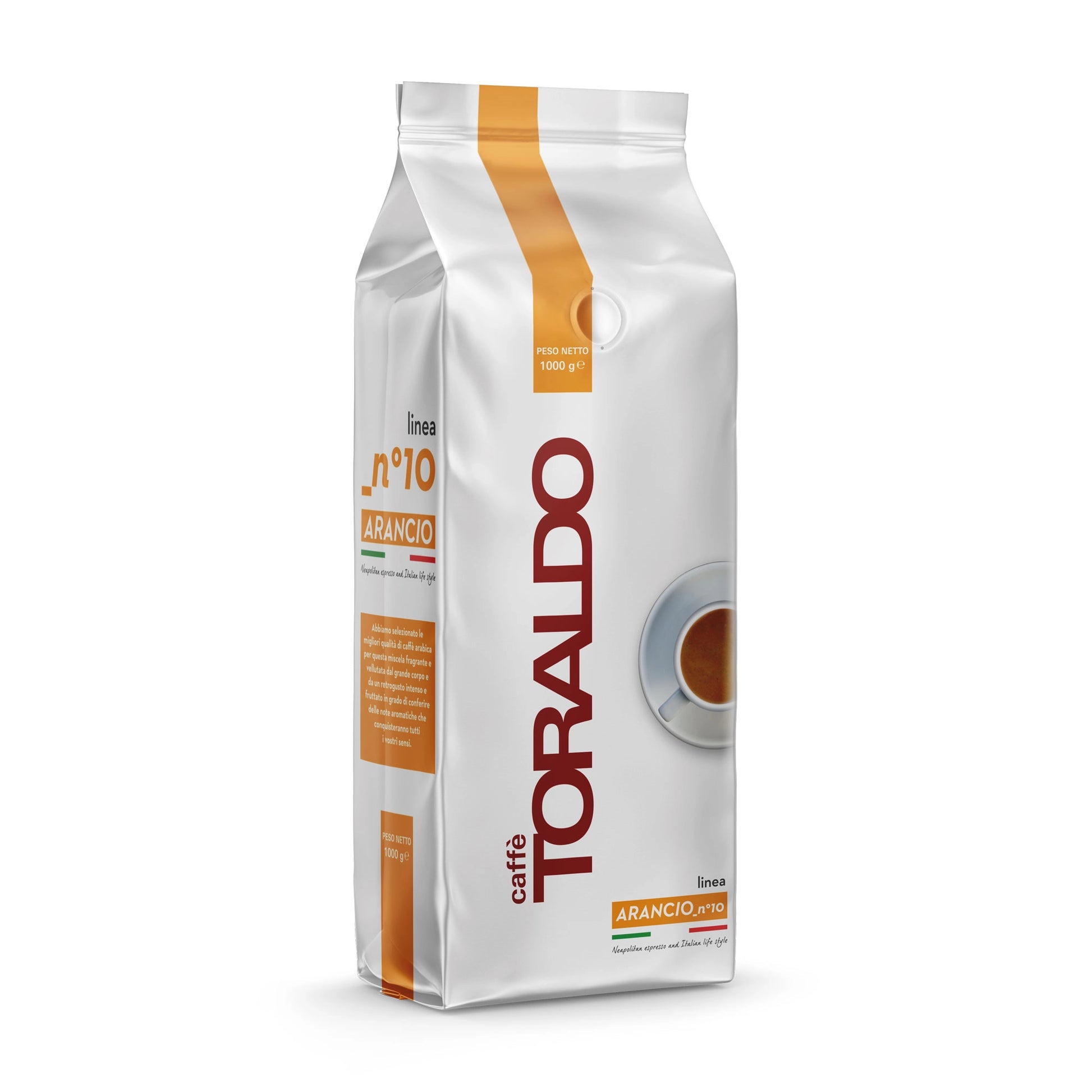 Toraldo Caffè Packung fũr Kaffeebohnen Arancio Nr.10, 1kg vor weissem Hintergrund