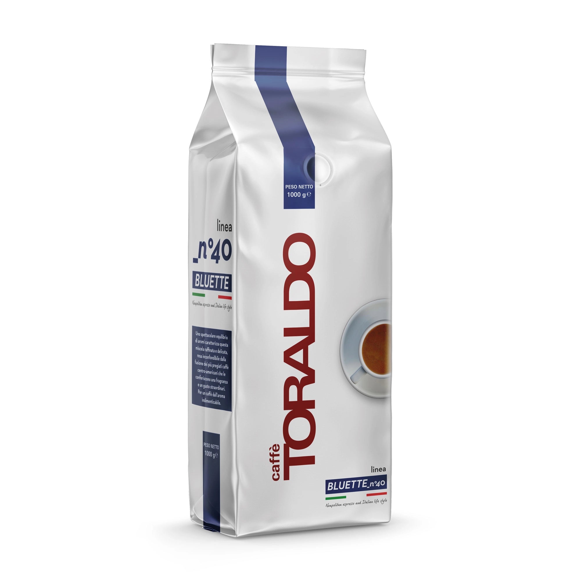 Toraldo Caffè Packung fũr Kaffeebohnen Bluette Nr.40, 1kg vor weissem Hintergrund