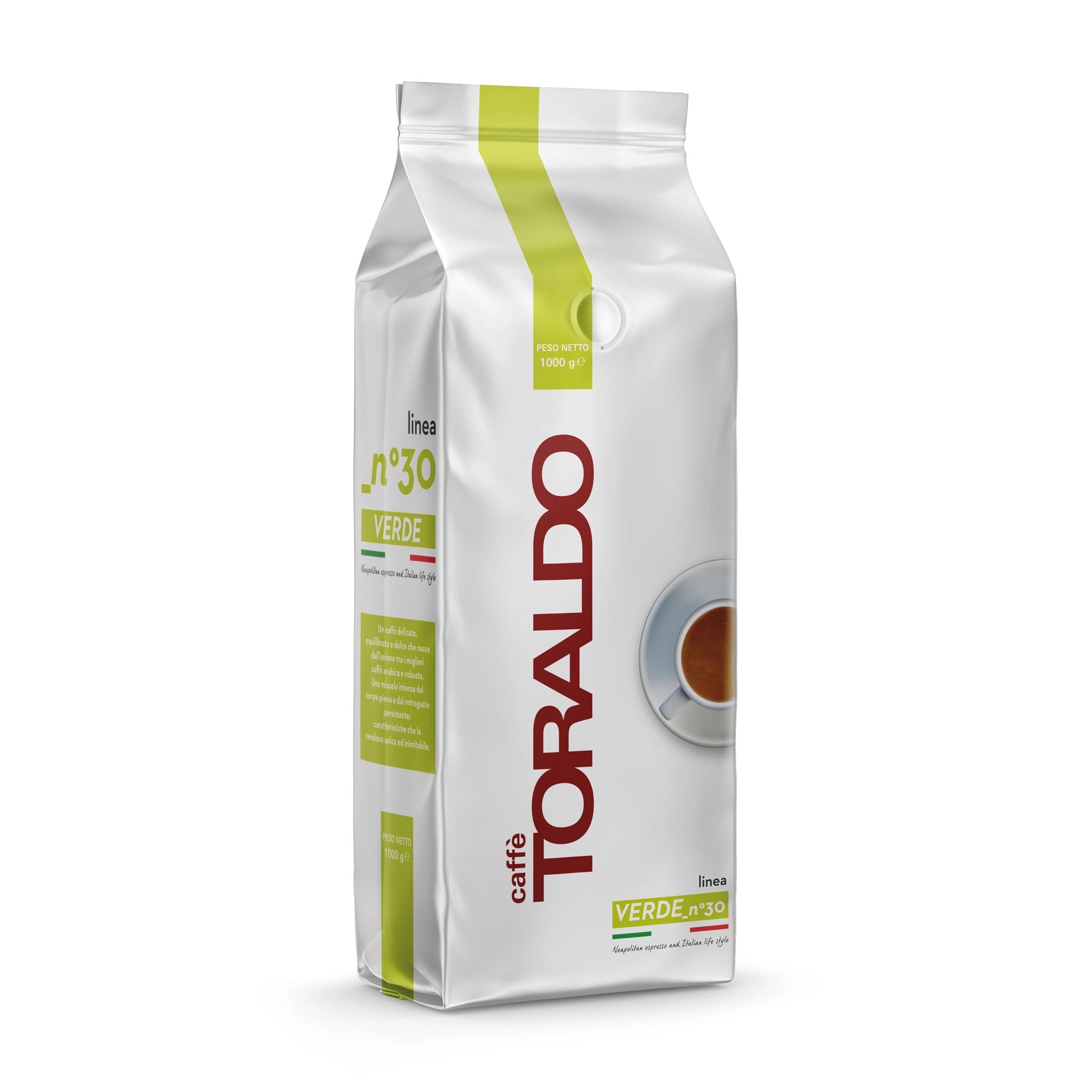 Toraldo Caffè Packung fũr Kaffeebohnen Verde Nr.30, 1kg vor weissem Hintergrund