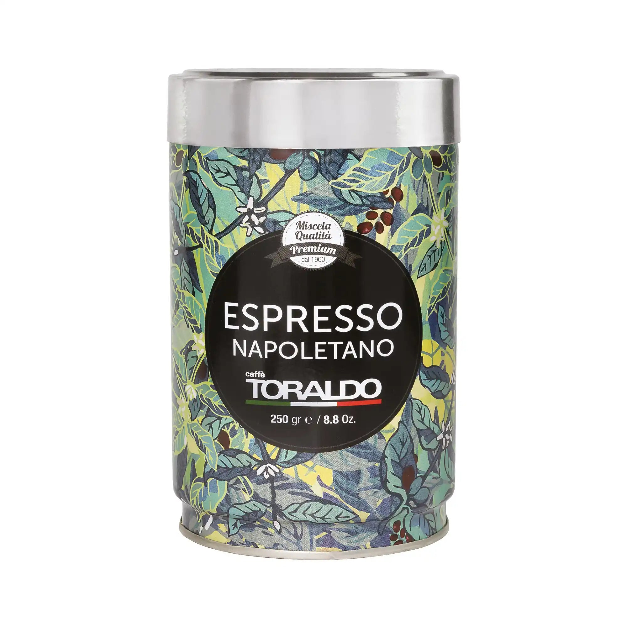 Toraldo Caffè Packung in einer Dose gemahlener Kaffee Espresso Napoletano vor weissem Hintergrund