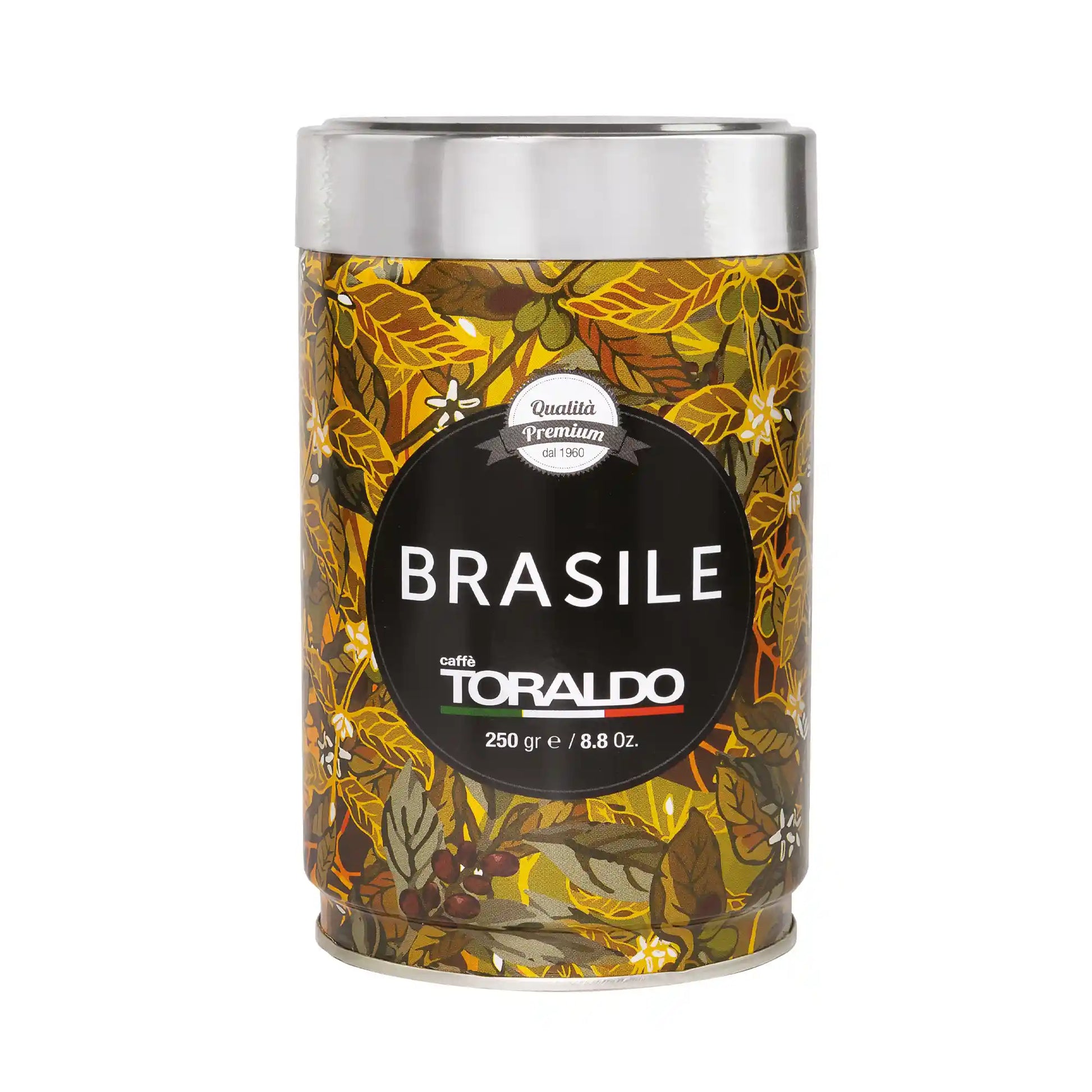 Toraldo Caffè Packung in einer Dose gemahlener Kaffee Brasile vor weissem Hintergrund