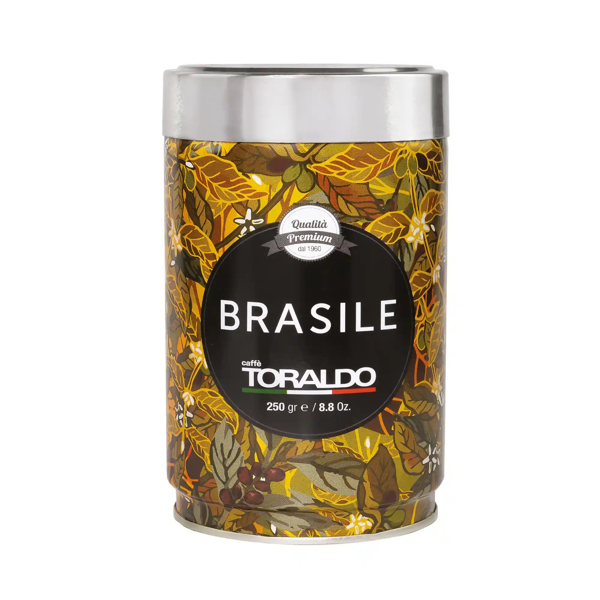 Toraldo Caffè Packung in einer Dose gemahlener Kaffee Brasile vor weissem Hintergrund