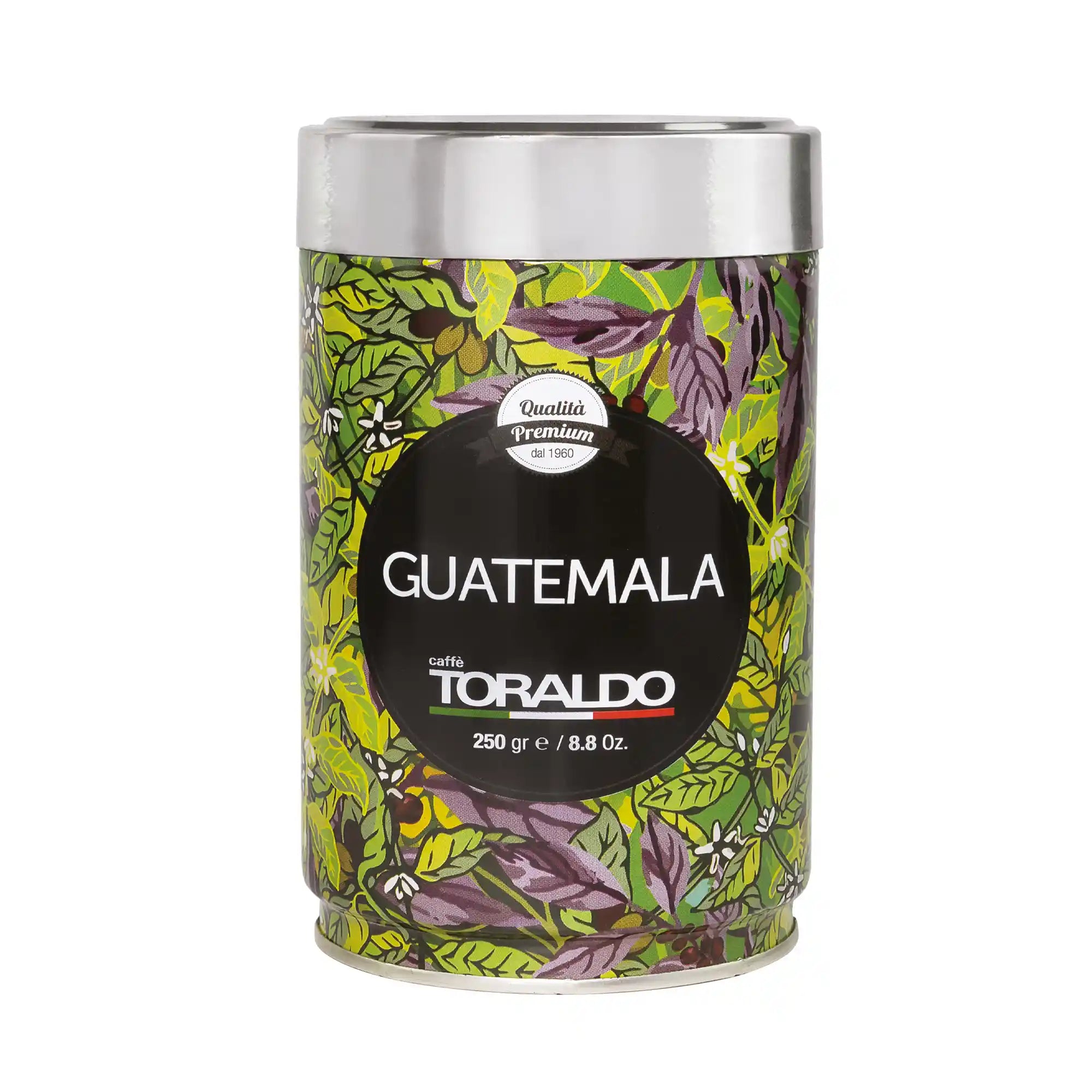 Toraldo Caffè Packung in einer Dose gemahlener Kaffee Guatemala vor weissem Hintergrund