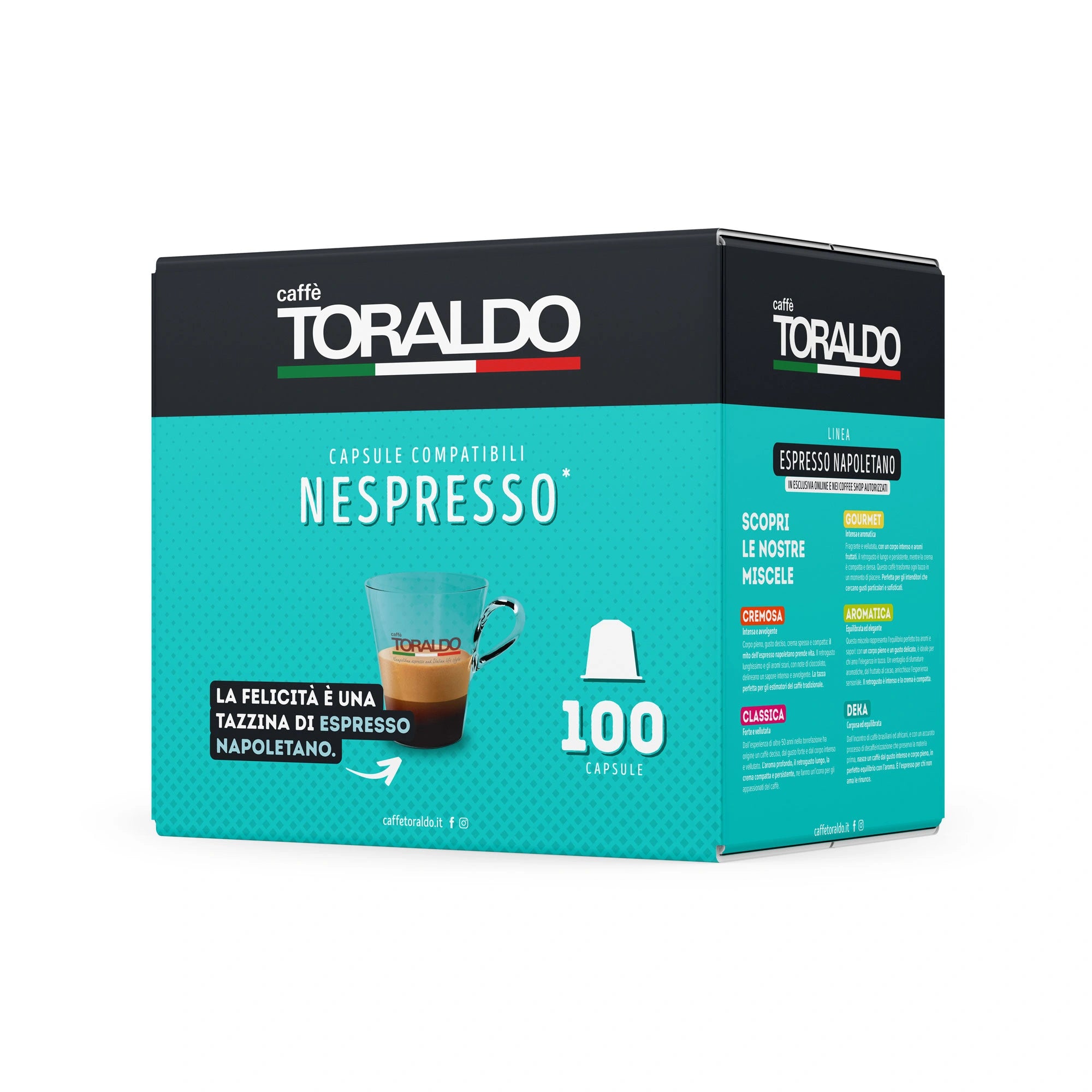 Toraldo Caffè Packung fũr Kaffekapseln vor weissem Hintergrund