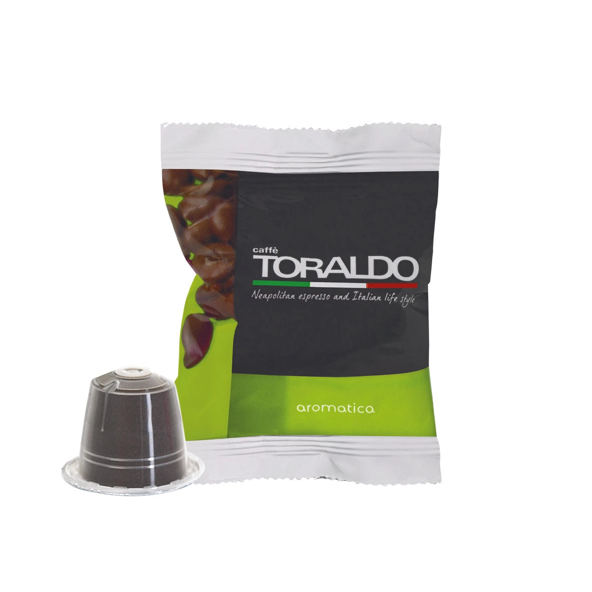 Toraldo Caffè Einzelpackung fũr Aromatica Kaffeekapsel, daneben die braune Kaffeekapsel vor weissem Hintergrund