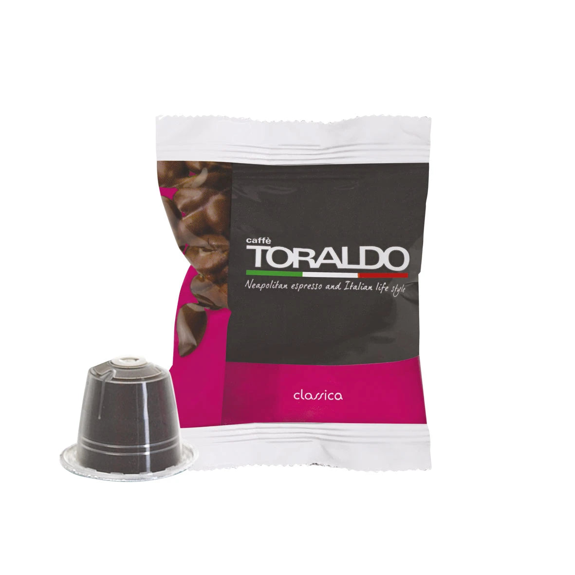 Toraldo Caffè Einzelpackung fũr Classica Kaffeekapsel, daneben die braune Kaffeekapsel vor weissem Hintergrund