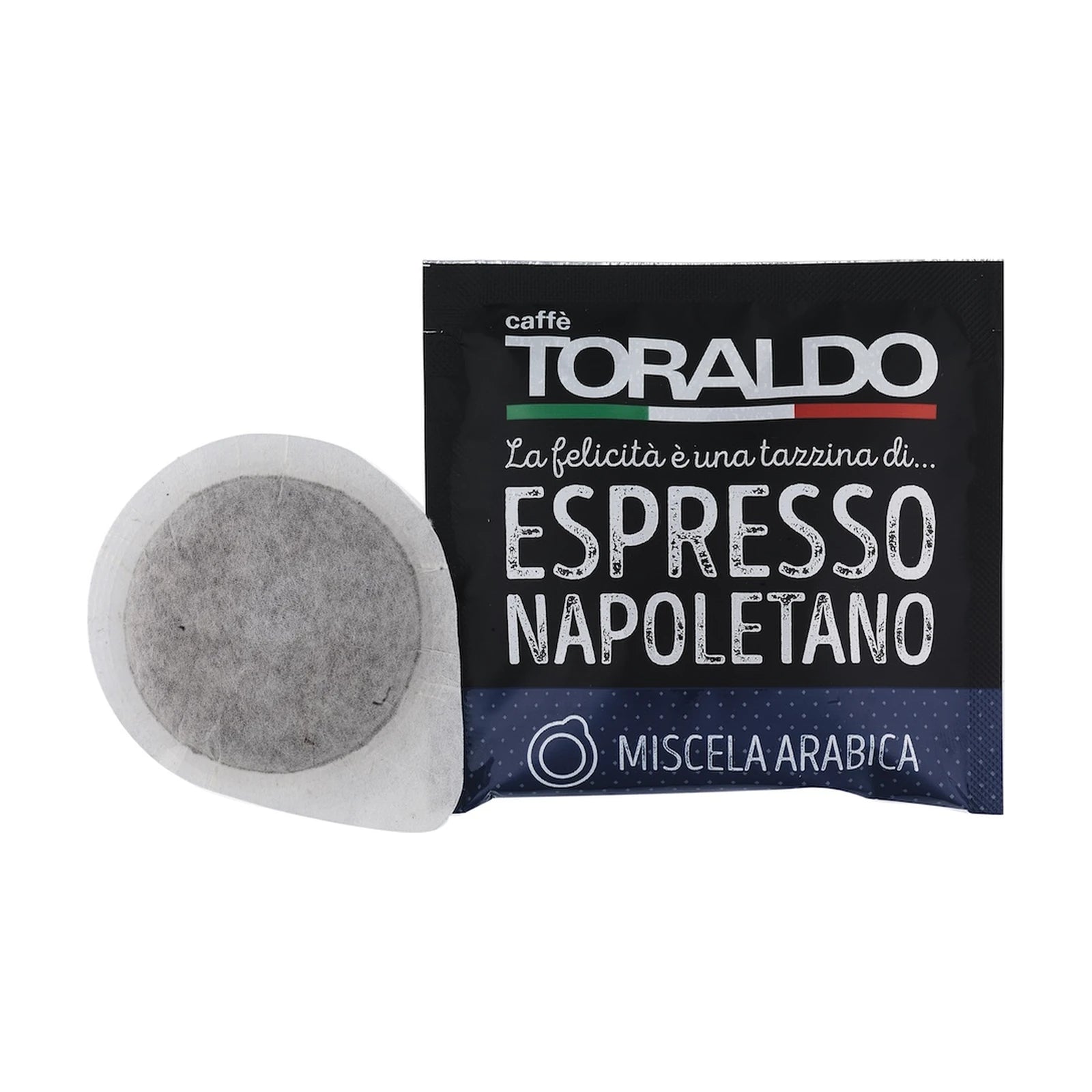 Toraldo Caffè Einzelverpackung fũr Kaffee Pads Miscela Arabica, daneben das offene Kaffeepad vor weissem Hintergrund