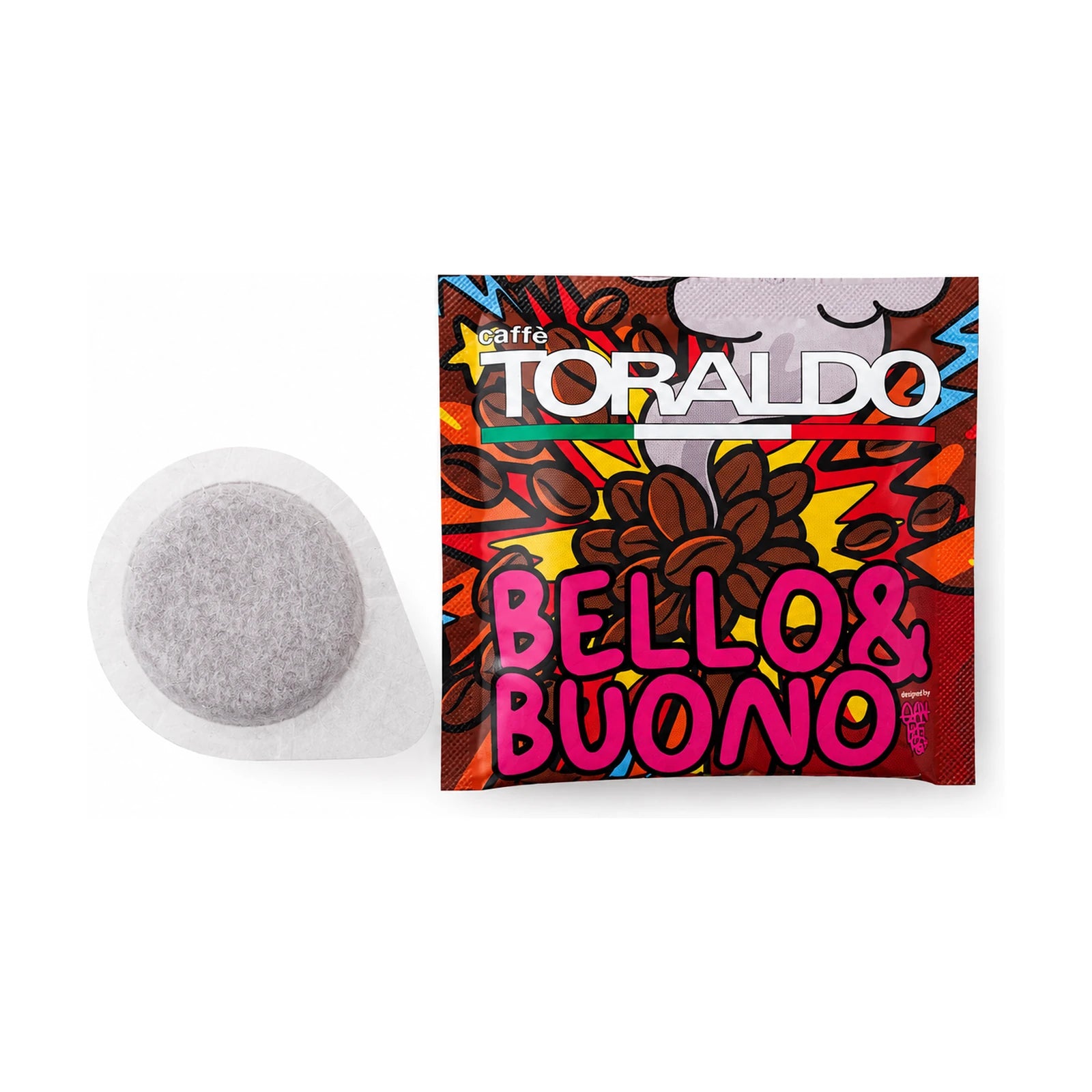 Toraldo Caffè Einzelverpackung fũr Kaffee Pads Bello & Buono, daneben das offene Kaffeepad vor weissem Hintergrund