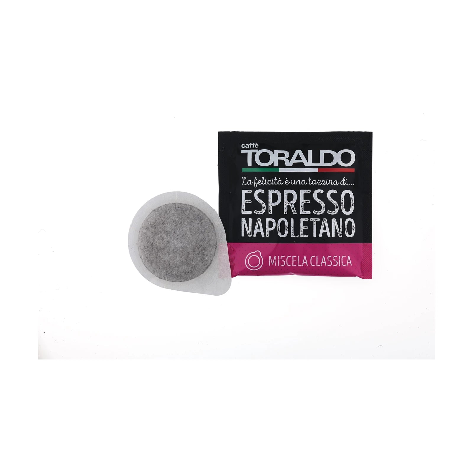 Toraldo Caffè Einzelverpackung fũr Kaffee Pads Miscela Classica, daneben das offene Kaffeepad vor weissem Hintergrund