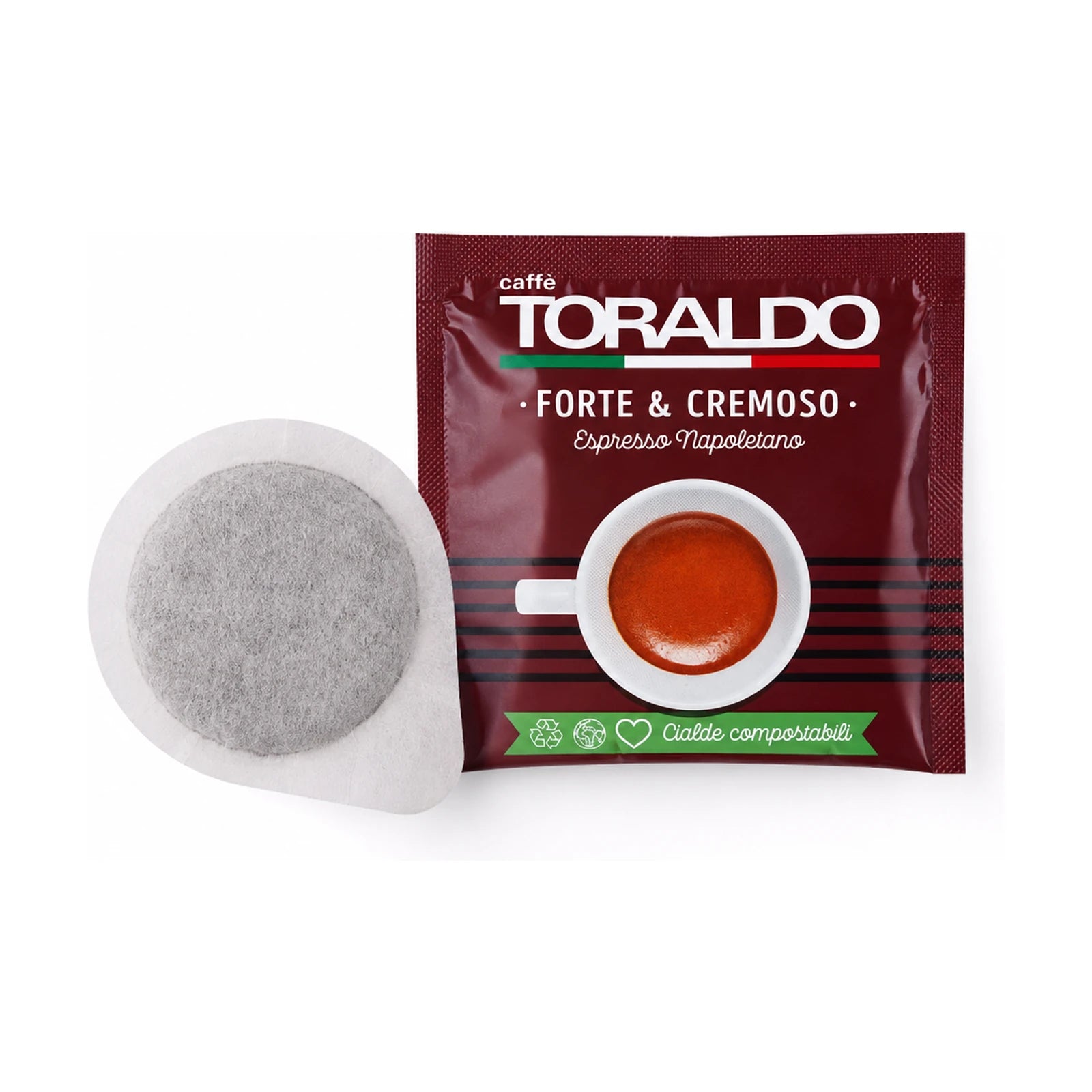 Toraldo Caffè Einzelverpackung fũr Kaffee Pads Forte & Cremoso, daneben das offene Kaffeepad vor weissem Hintergrund