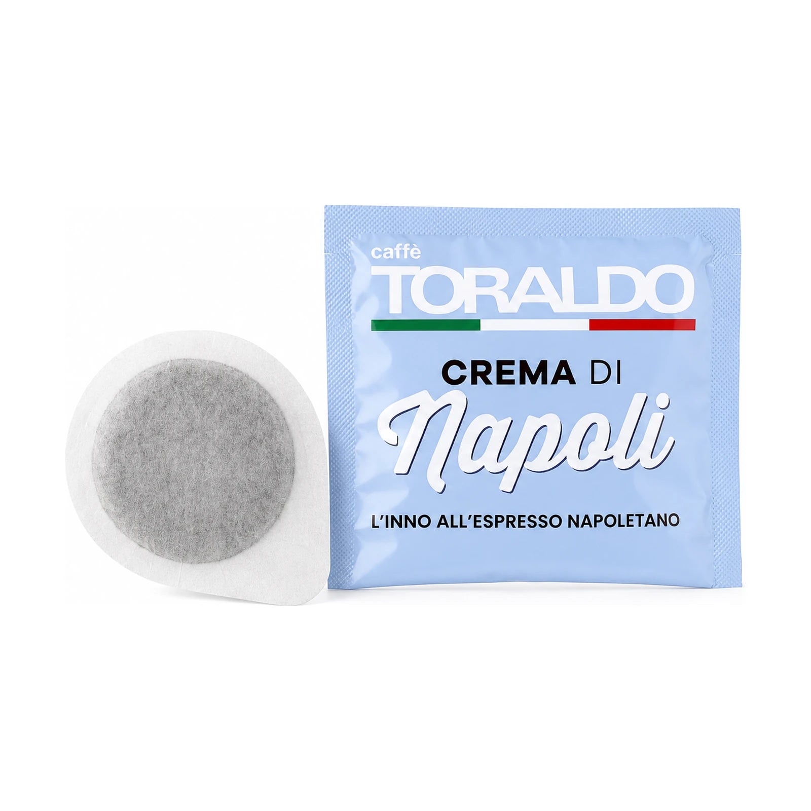 Toraldo Caffè Einzelverpackung fũr Kaffee Pads Crema di Napoli, daneben das offene Kaffeepad vor weissem Hintergrund
