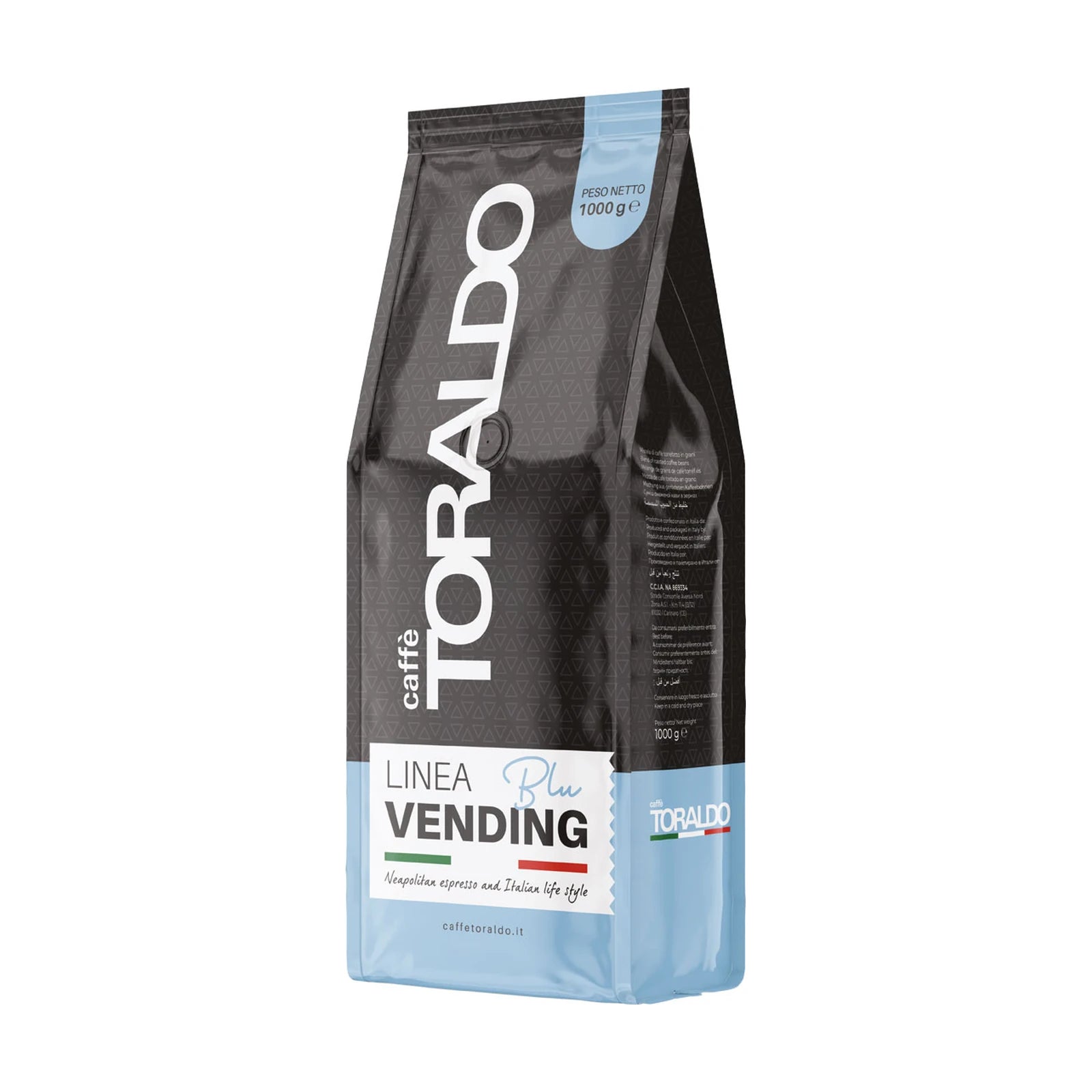 Toraldo Caffè Packung fũr Kaffeebohnen Linea Vending Blu, 1kg vor weissem Hintergrund