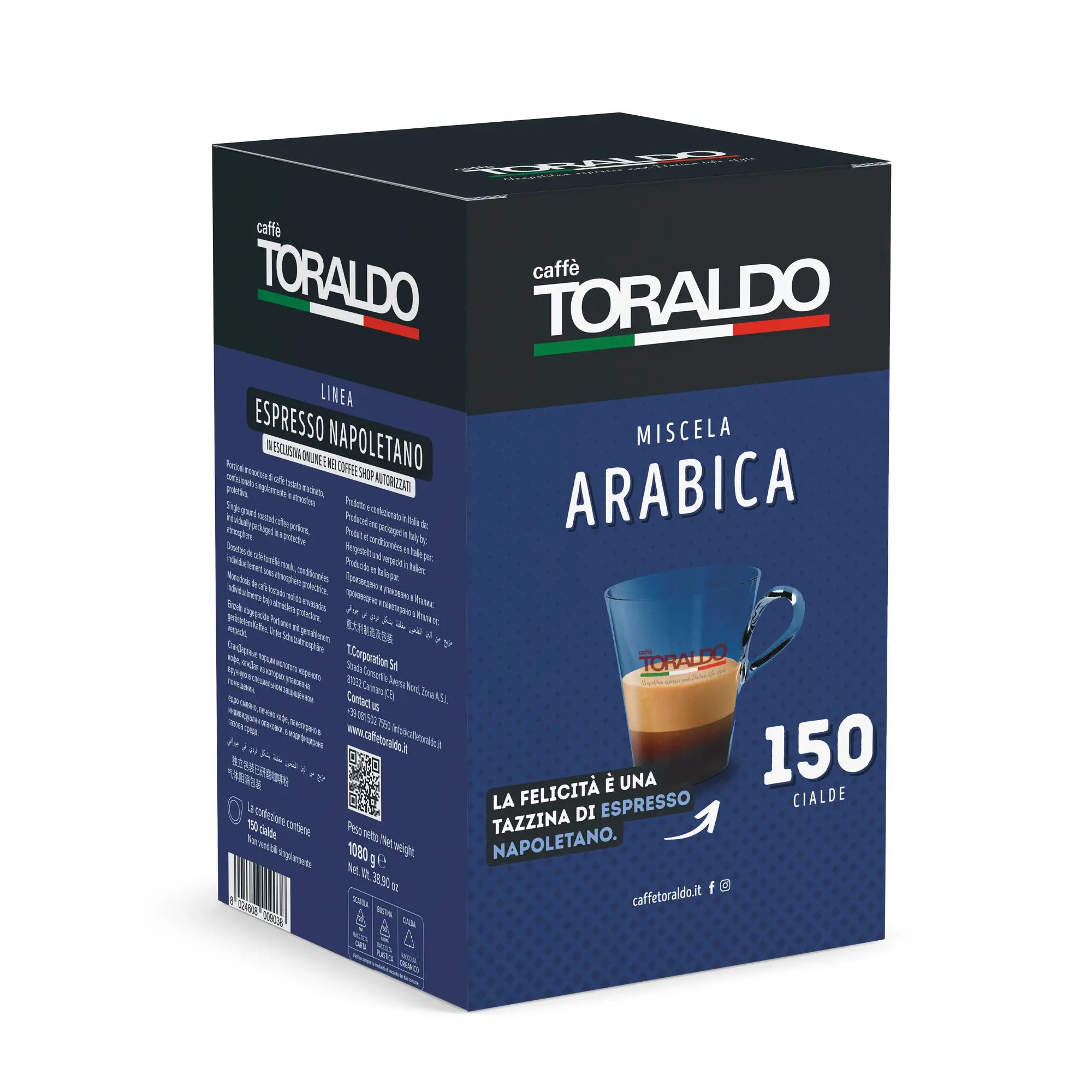 Toraldo Caffè Packung fũr Kaffee Pads Miscela Arabica 150 Stück vor weissem Hintergrund