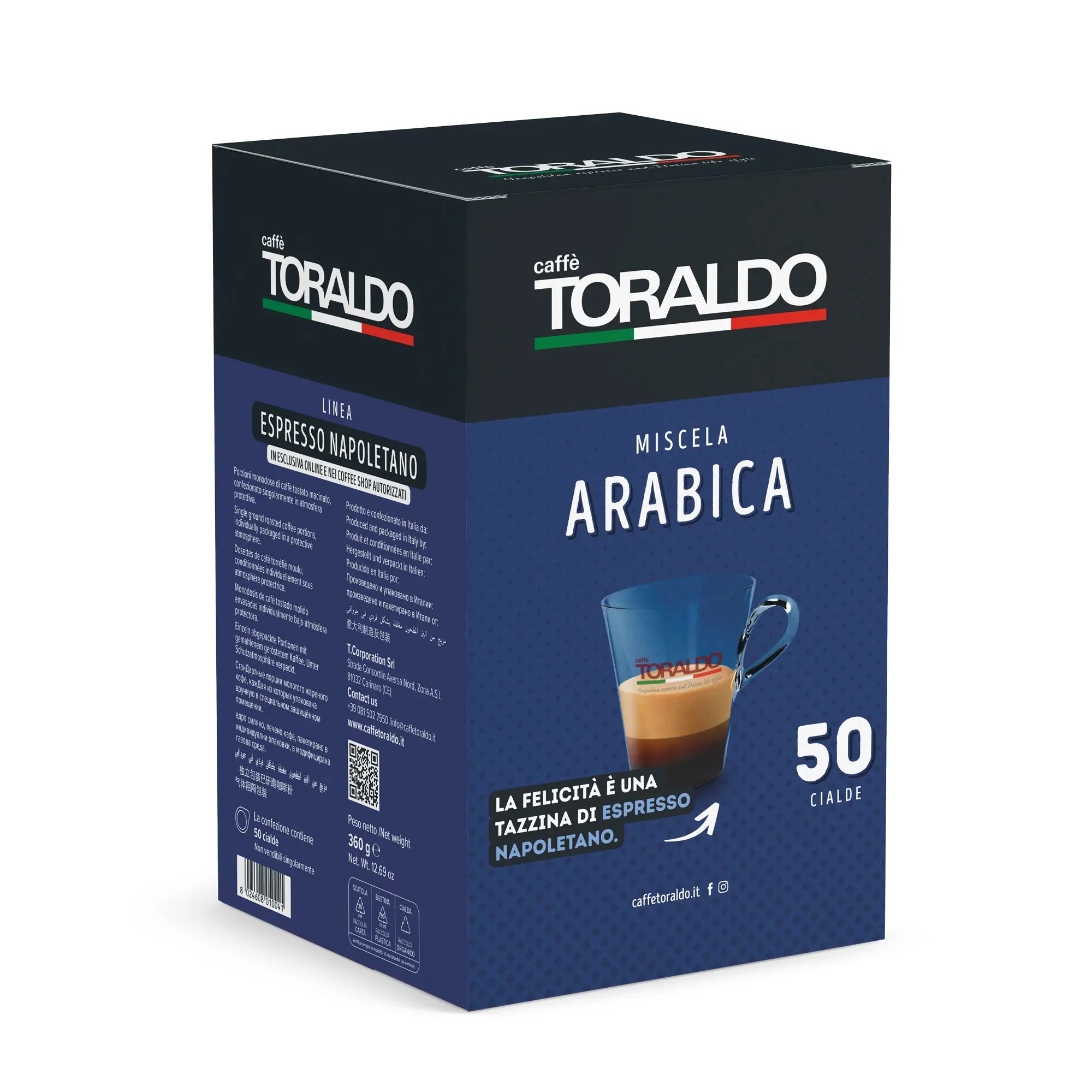 Toraldo Caffè Packung fũr Kaffee Pads Miscela Arabica 50 Stück vor weissem Hintergrund