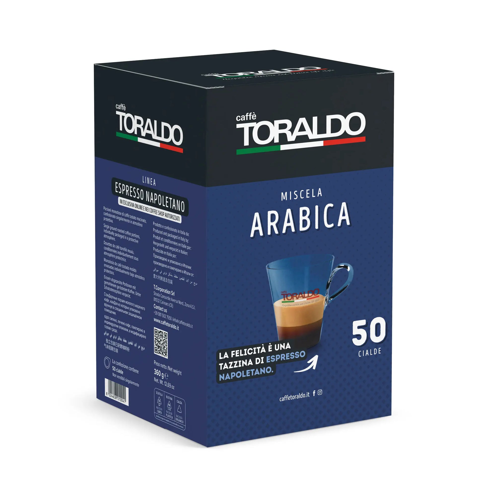 Toraldo Caffè Packung fũr Kaffee Pads Miscela Arabica 50 Stück vor weissem Hintergrund