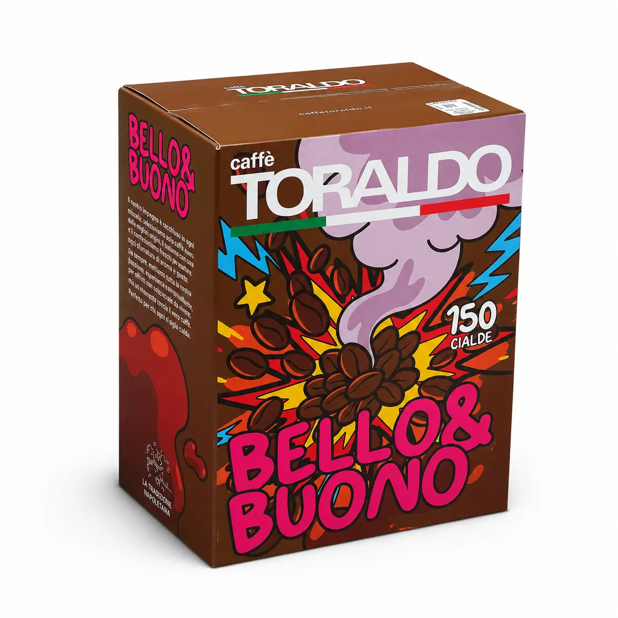 Toraldo Caffè Packung fũr Kaffee Pads Bello & Buono 150 Stück vor weissem Hintergrund