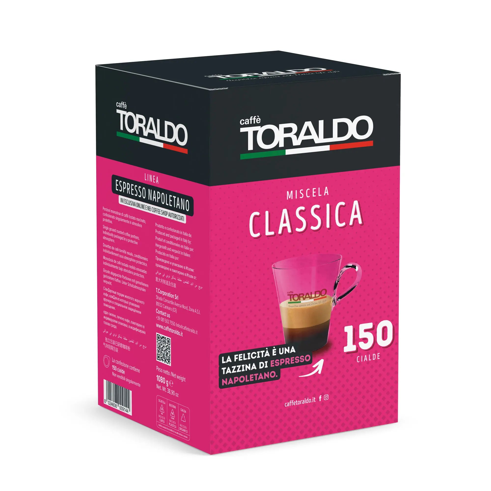 Toraldo Caffè Packung fũr Kaffee Pads Miscela Classica 150 Stück vor weissem Hintergrund