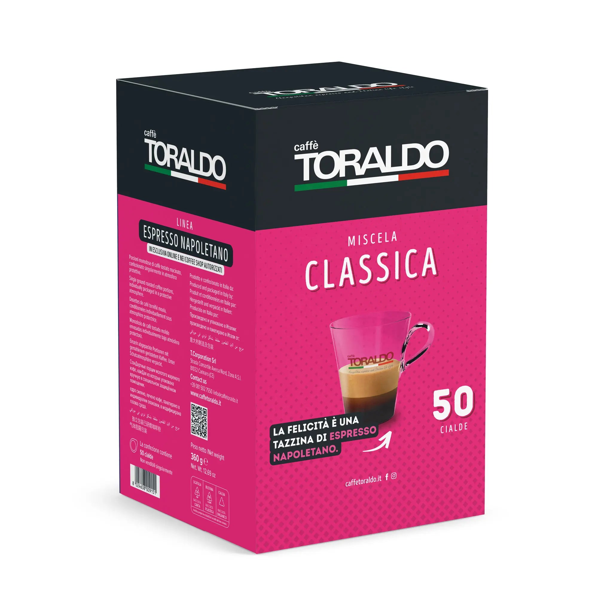 Toraldo Caffè Packung fũr Kaffee Pads Miscela Classica 50 Stück vor weissem Hintergrund