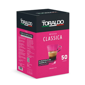 Toraldo Caffè Packung fũr Kaffee Pads Miscela Classica 50 Stück vor weissem Hintergrund