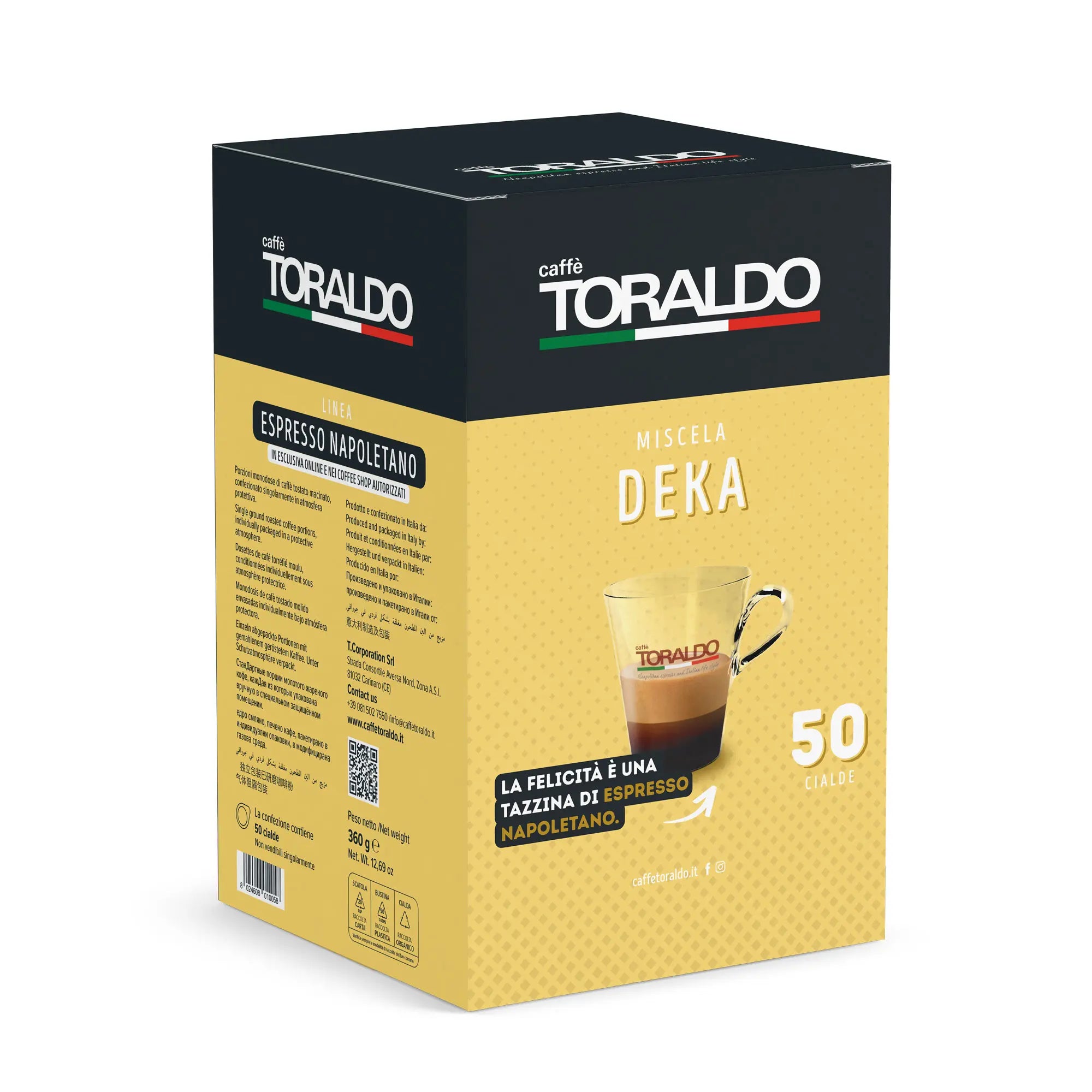 Toraldo Caffè Packung fũr Kaffee Pads Miscela DEKA 50 Stück vor weissem Hintergrund