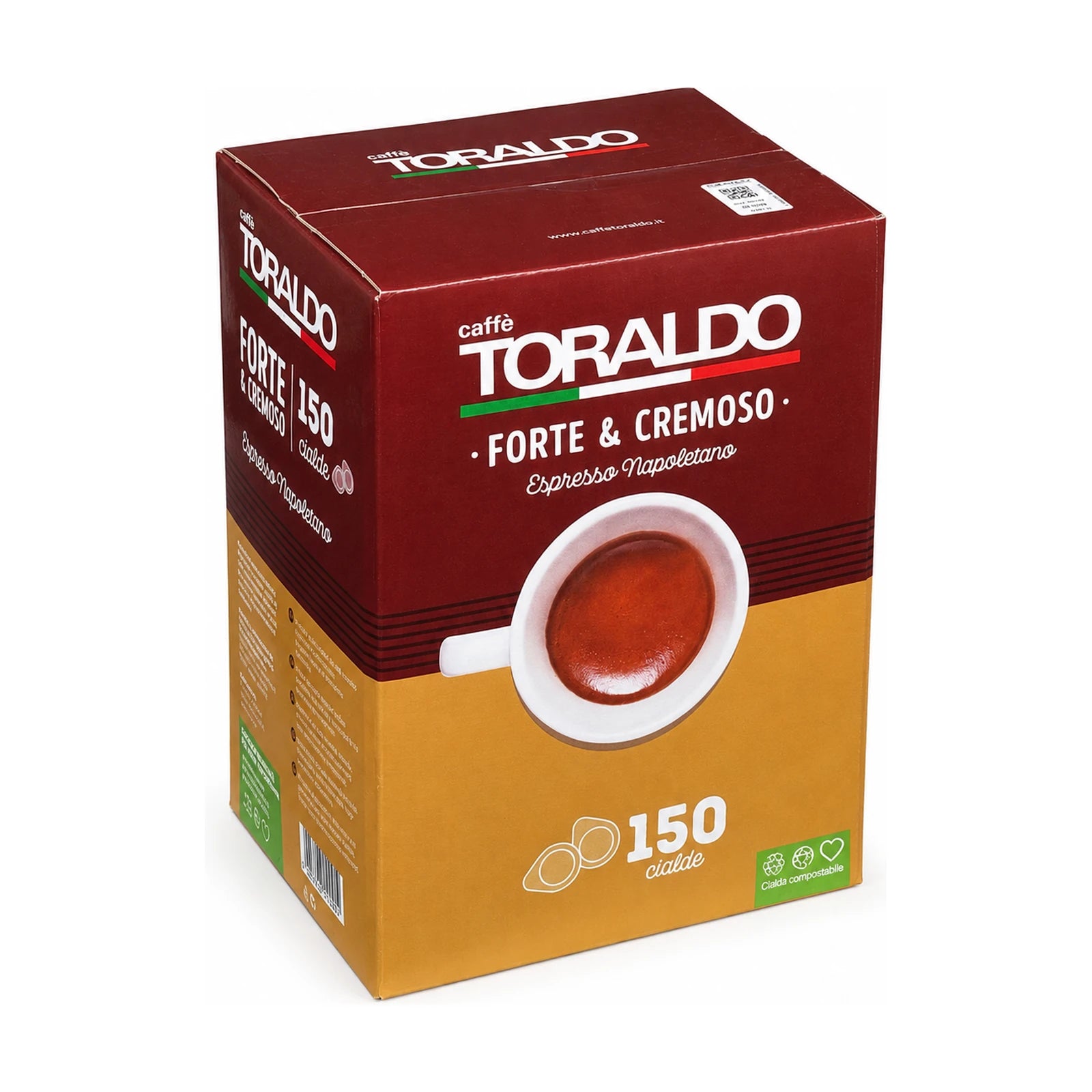 Toraldo Caffè Packung fũr Kaffee Pads Forte & Cremoso 150 Stück vor weissem Hintergrund