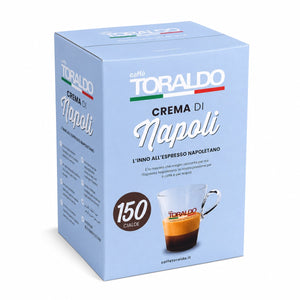 Toraldo Caffè Packung fũr Kaffee Pads Crema di Napoli 150 Stück vor weissem Hintergrund