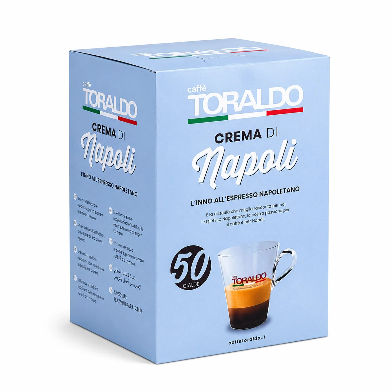 Toraldo Caffè Packung fũr Kaffee Pads Crema di Napoli 50 Stück vor weissem Hintergrund