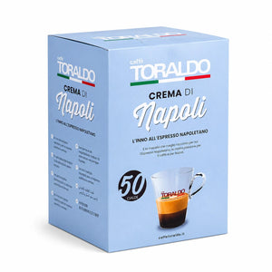 Toraldo Caffè Packung fũr Kaffee Pads Crema di Napoli 50 Stück vor weissem Hintergrund