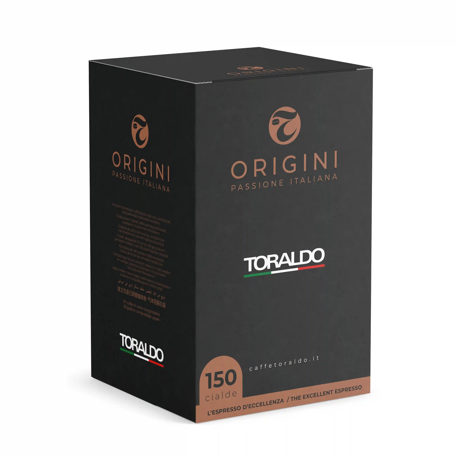 Toraldo Caffè Packung fũr Kaffee Pads Origini 150 Stück vor weissem Hintergrund
