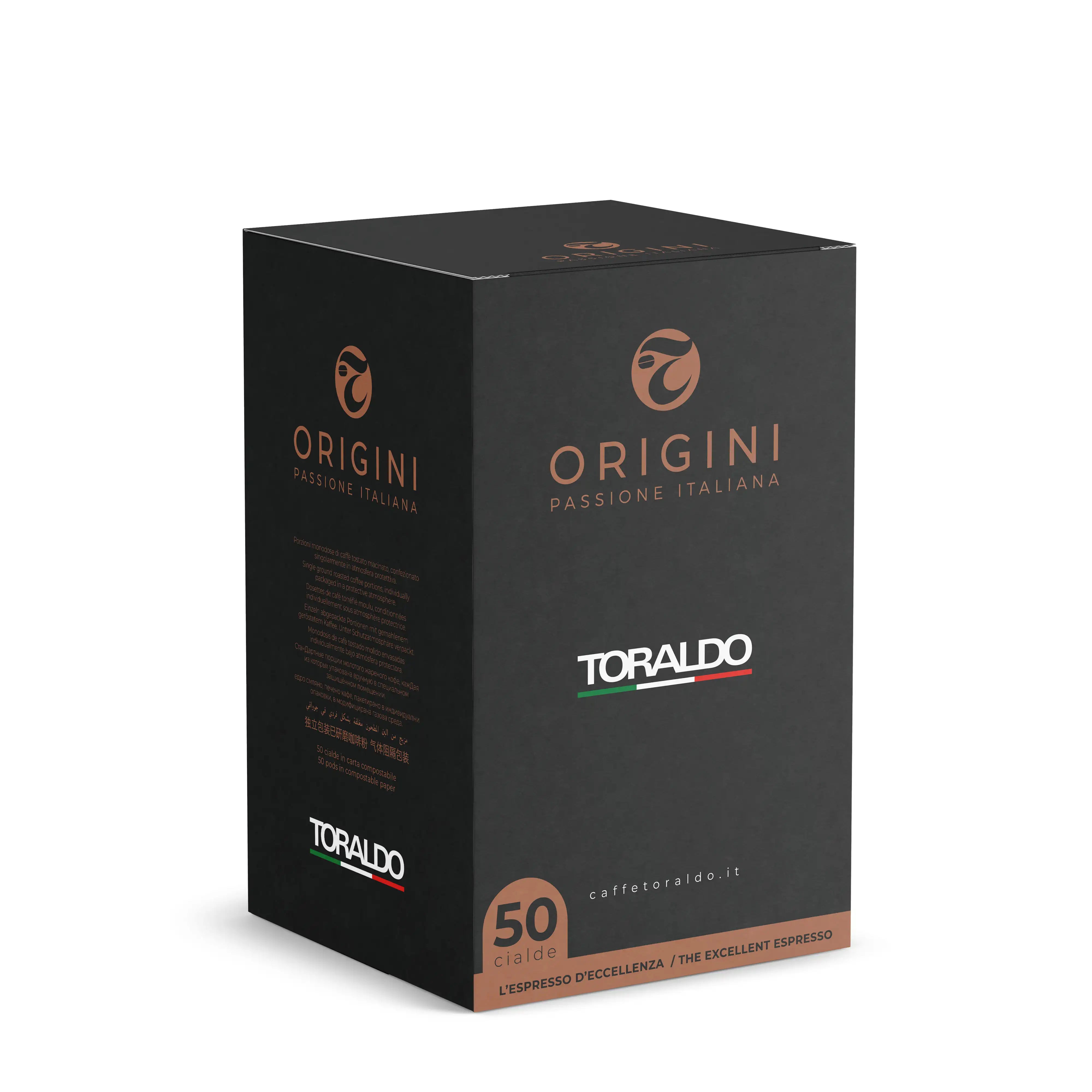 Toraldo Caffè Packung fũr Kaffee Pads Origini 50 Stück vor weissem Hintergrund