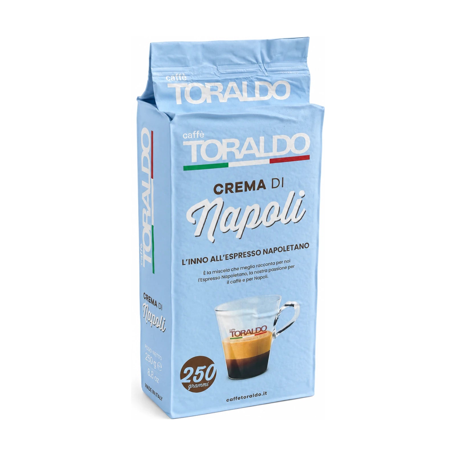 Toraldo Caffè Packung gemahlener Kaffee Crema di Napoli vor weissem Hintergrund